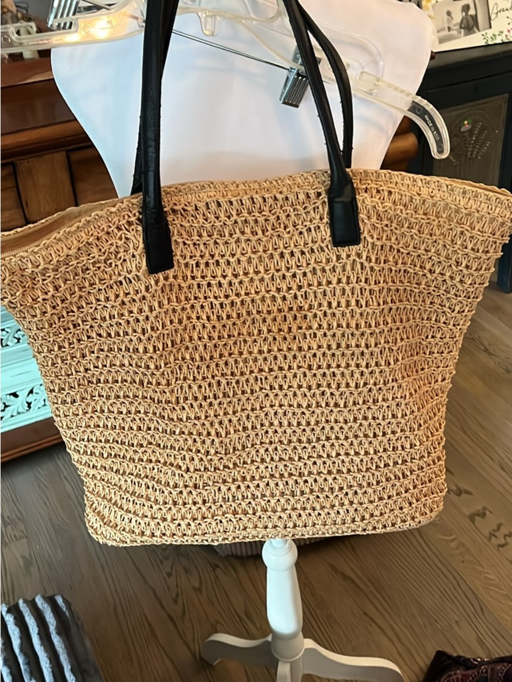 H&M Natural Woven Hobo with Black Handles
